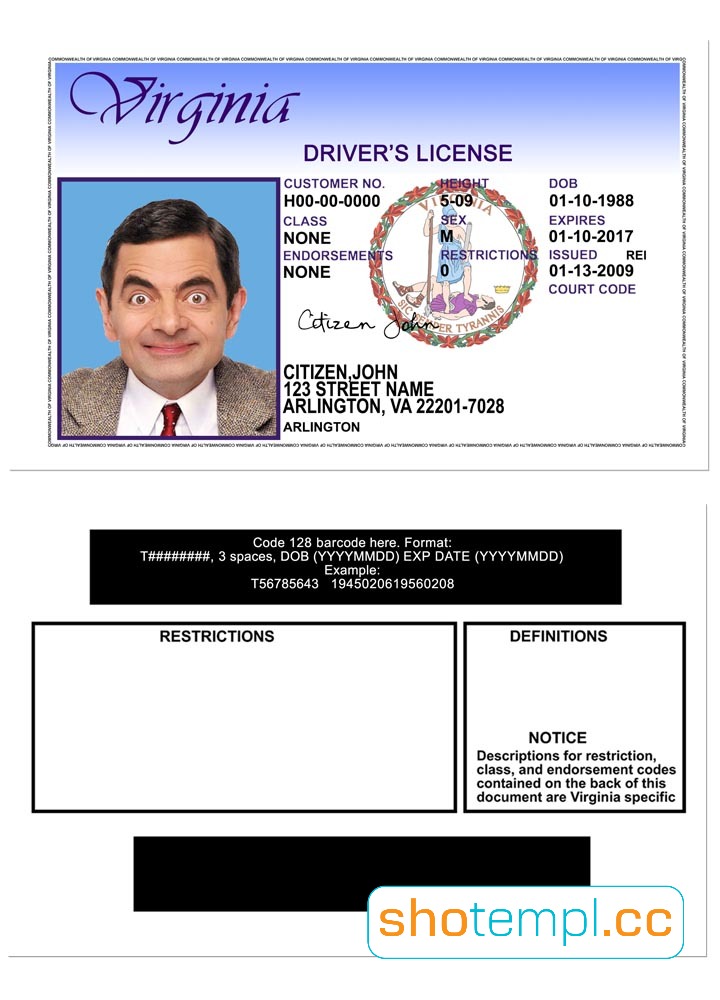 Virginia Driver License PSD Template V2